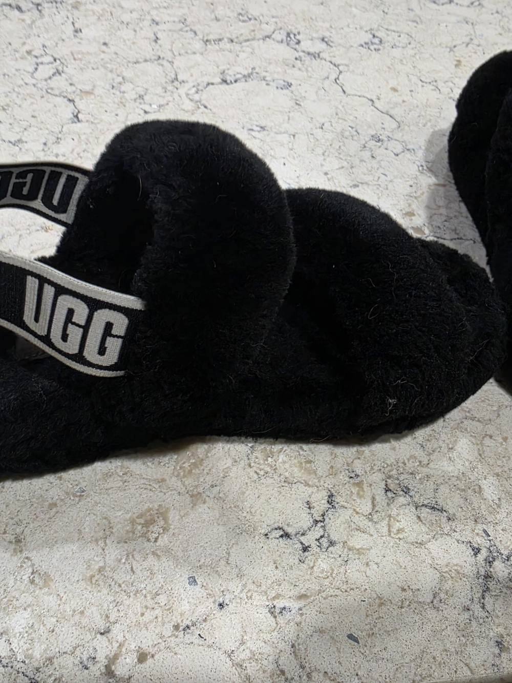 UGG Black Fluffy Slide Sandals with Branded Strap - Picture 4 of 4